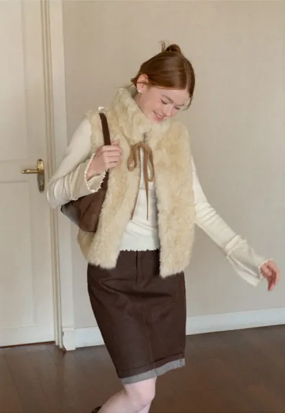 Faux Fur Collar Vest with Bow Tie Detail