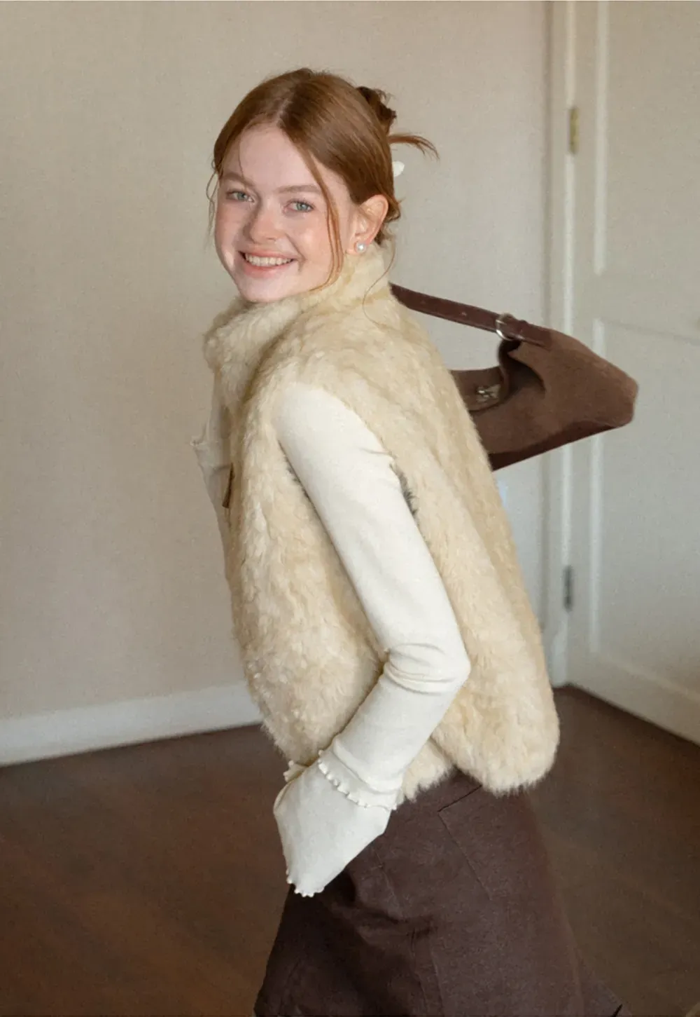 Faux Fur Collar Vest with Bow Tie Detail