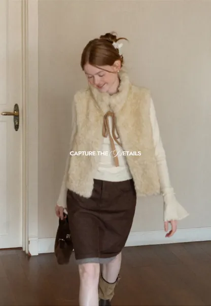 Faux Fur Collar Vest with Bow Tie Detail