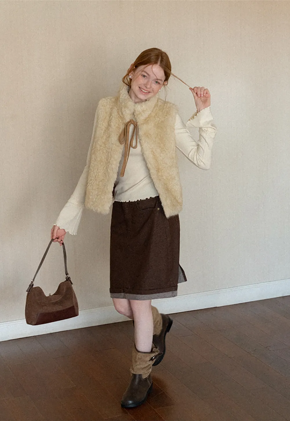 Faux Fur Collar Vest with Bow Tie Detail