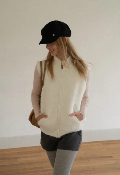 Soft Fuzzy Knit Zip Front Sleeveless Vest