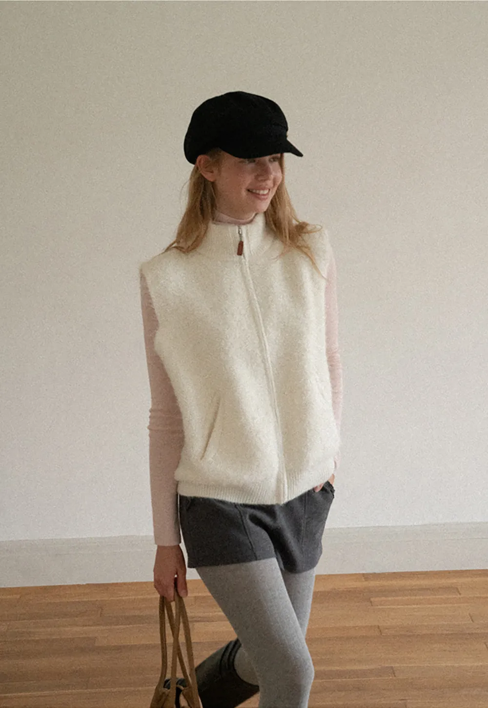 Soft Fuzzy Knit Zip Front Sleeveless Vest