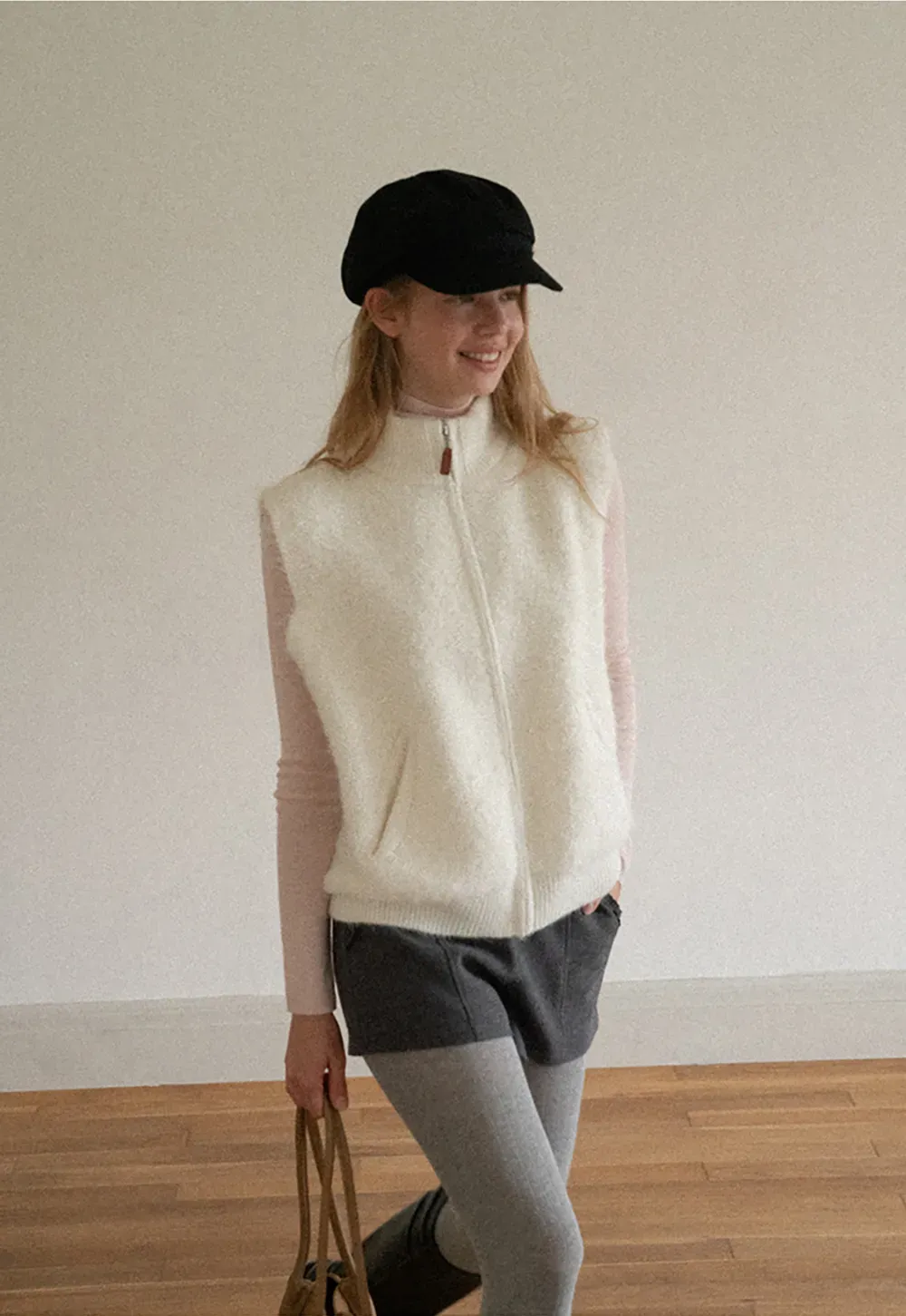 Soft Fuzzy Knit Zip Front Sleeveless Vest