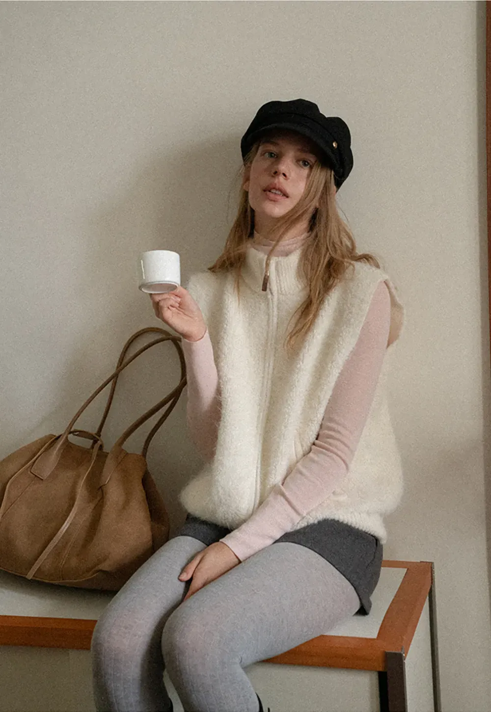 Soft Fuzzy Knit Zip Front Sleeveless Vest