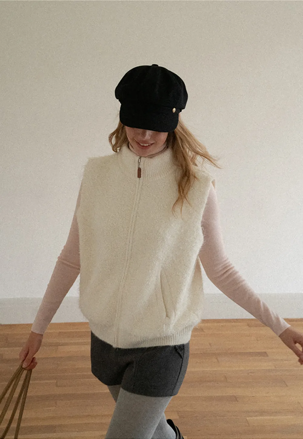 Soft Fuzzy Knit Zip Front Sleeveless Vest