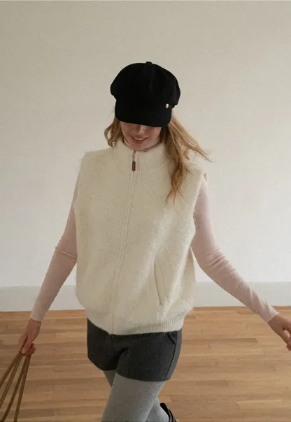 Soft Fuzzy Knit Zip Front Sleeveless Vest