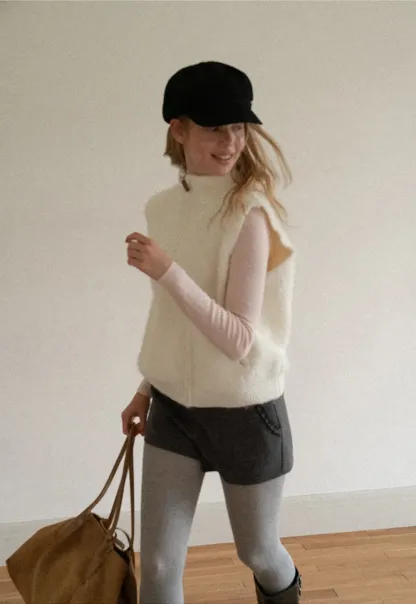 Soft Fuzzy Knit Zip Front Sleeveless Vest