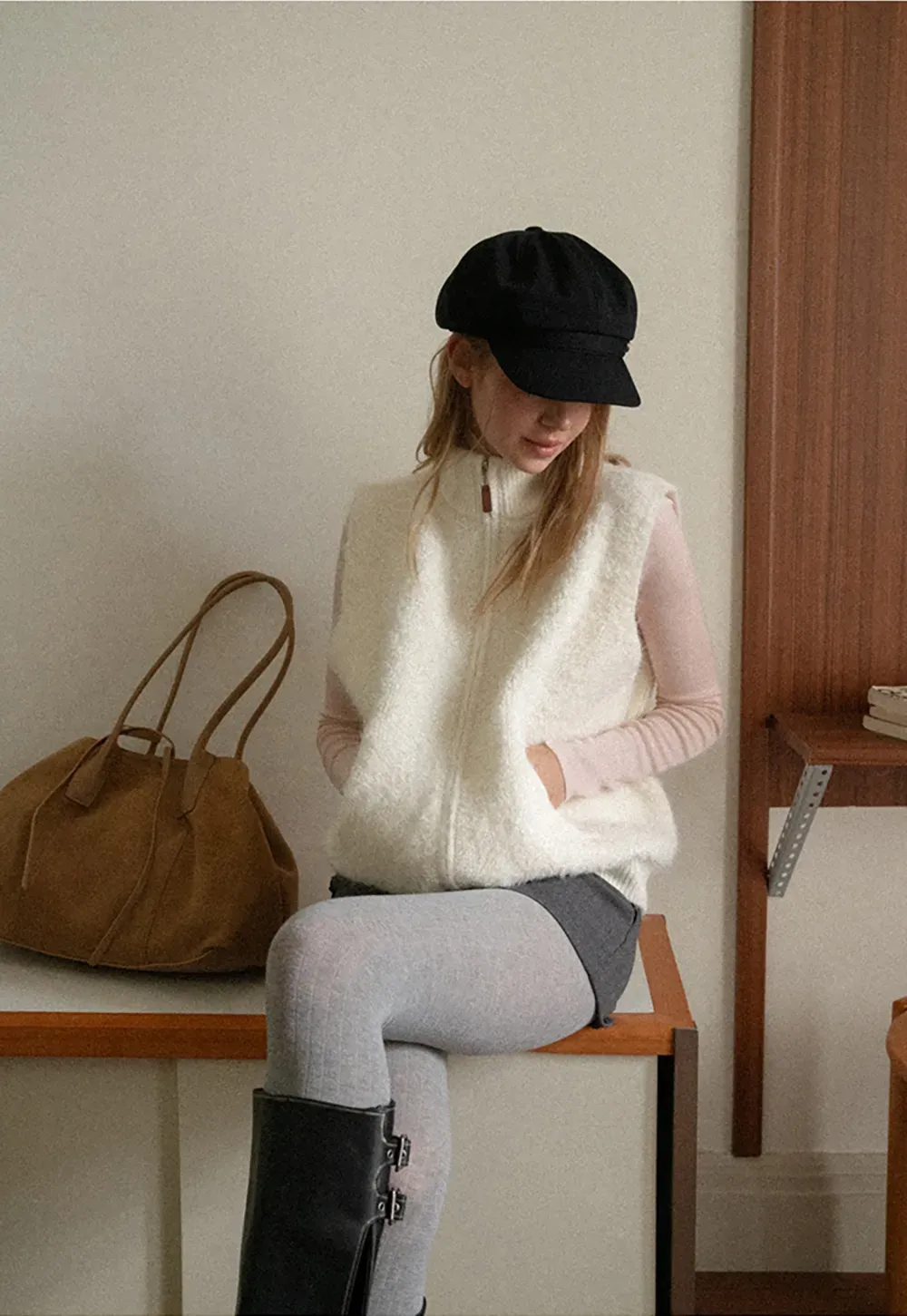 Soft Fuzzy Knit Zip Front Sleeveless Vest