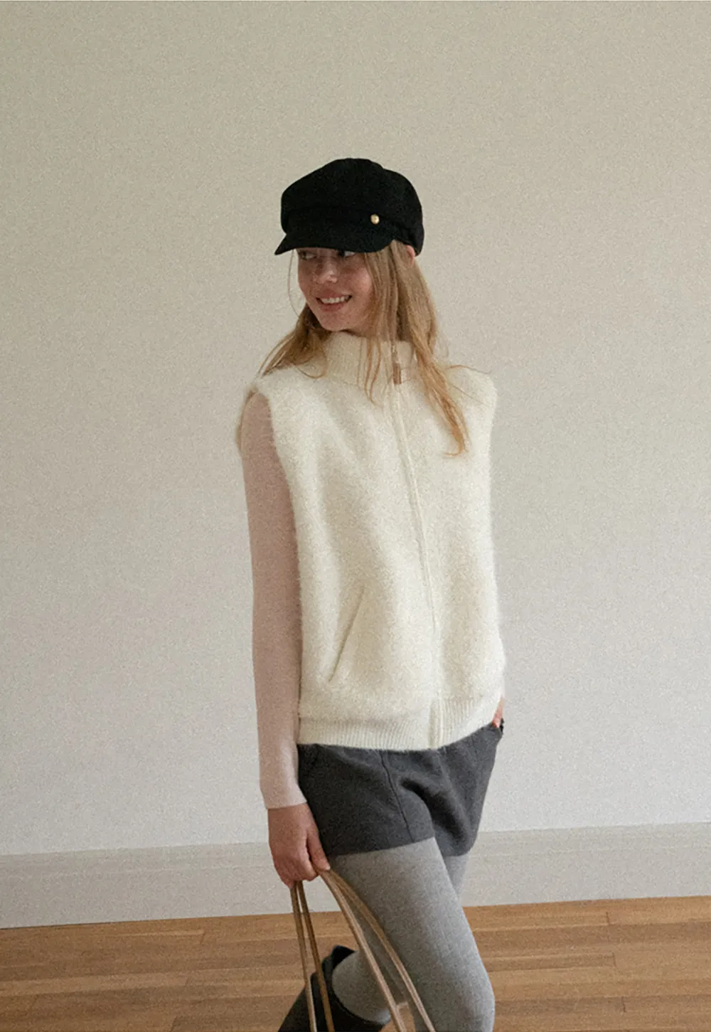 Soft Fuzzy Knit Zip Front Sleeveless Vest