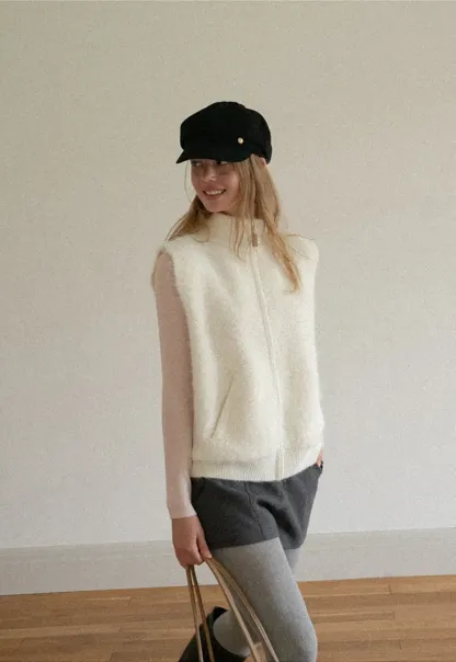 Soft Fuzzy Knit Zip Front Sleeveless Vest