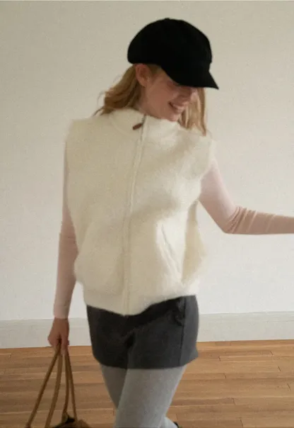 Soft Fuzzy Knit Zip Front Sleeveless Vest