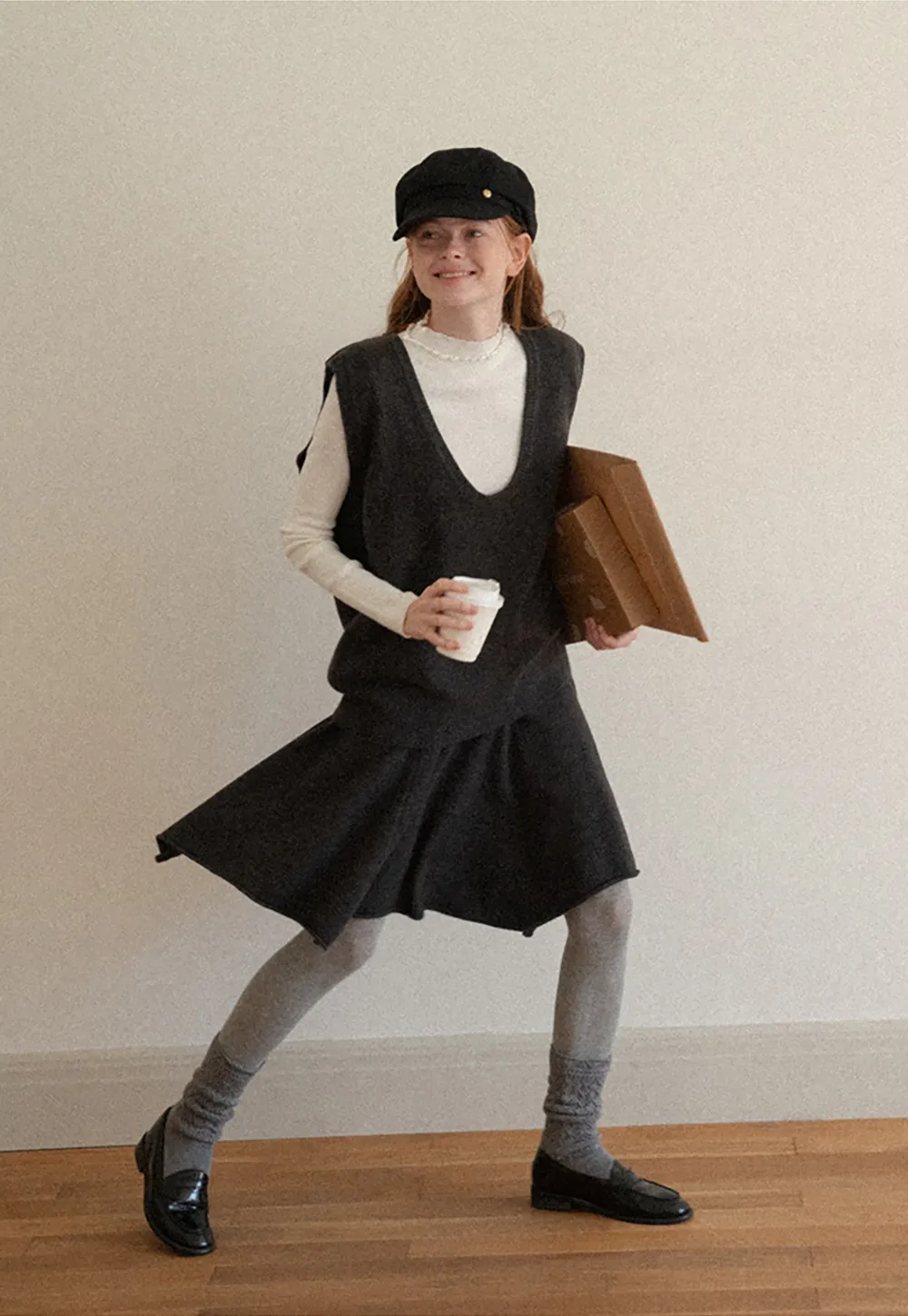 V Neck Ribbed Knit Vest and Flared Skirt Set