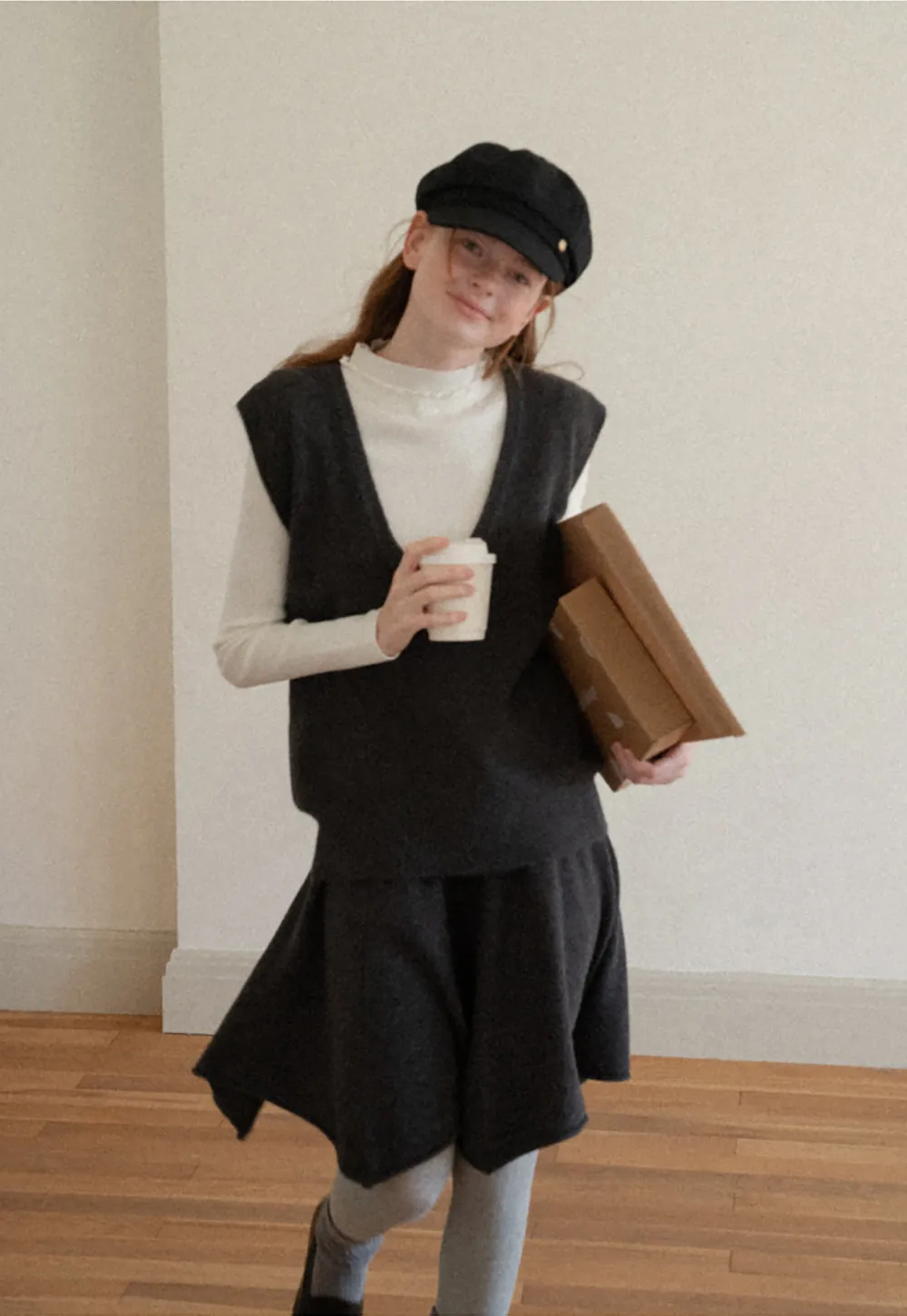 V Neck Ribbed Knit Vest and Flared Skirt Set