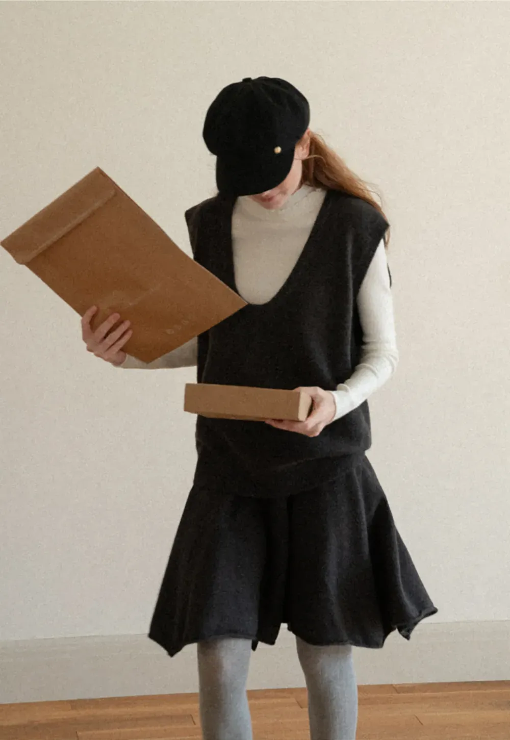 V Neck Ribbed Knit Vest and Flared Skirt Set