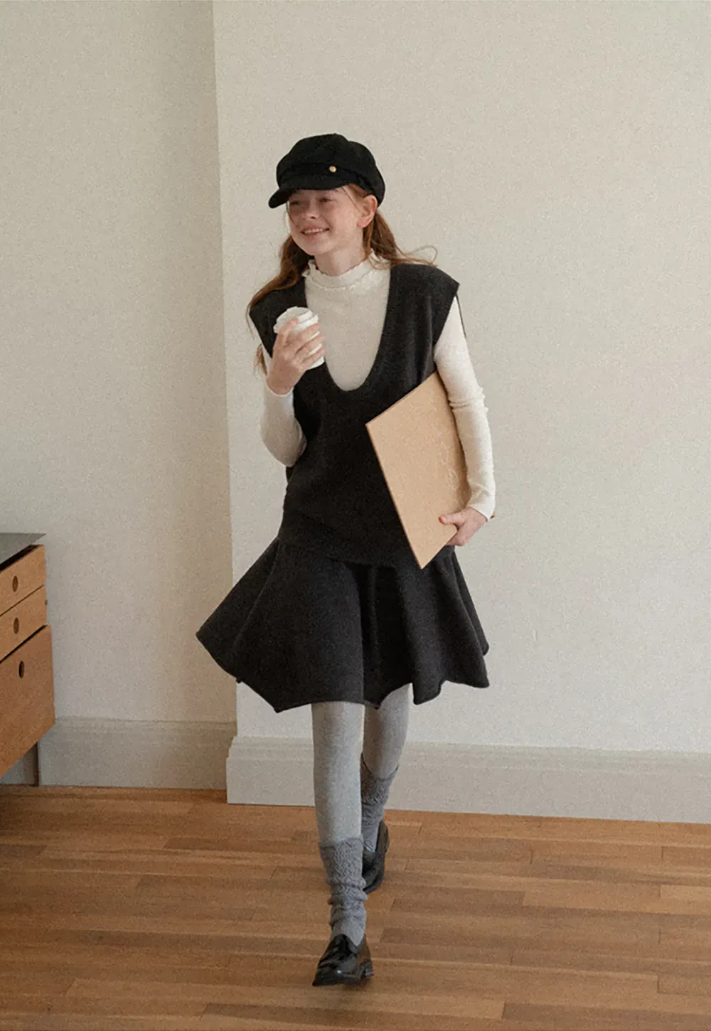 V Neck Ribbed Knit Vest and Flared Skirt Set