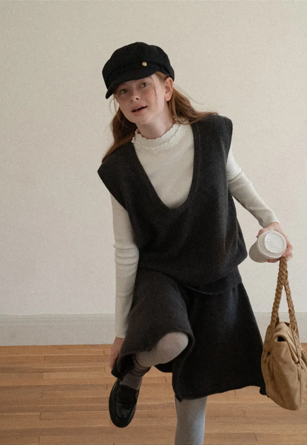 V Neck Ribbed Knit Vest and Flared Skirt Set