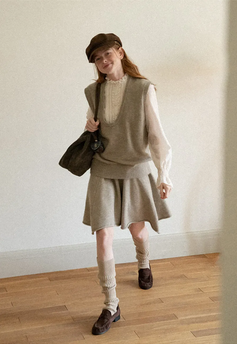 V Neck Ribbed Knit Vest and Flared Skirt Set