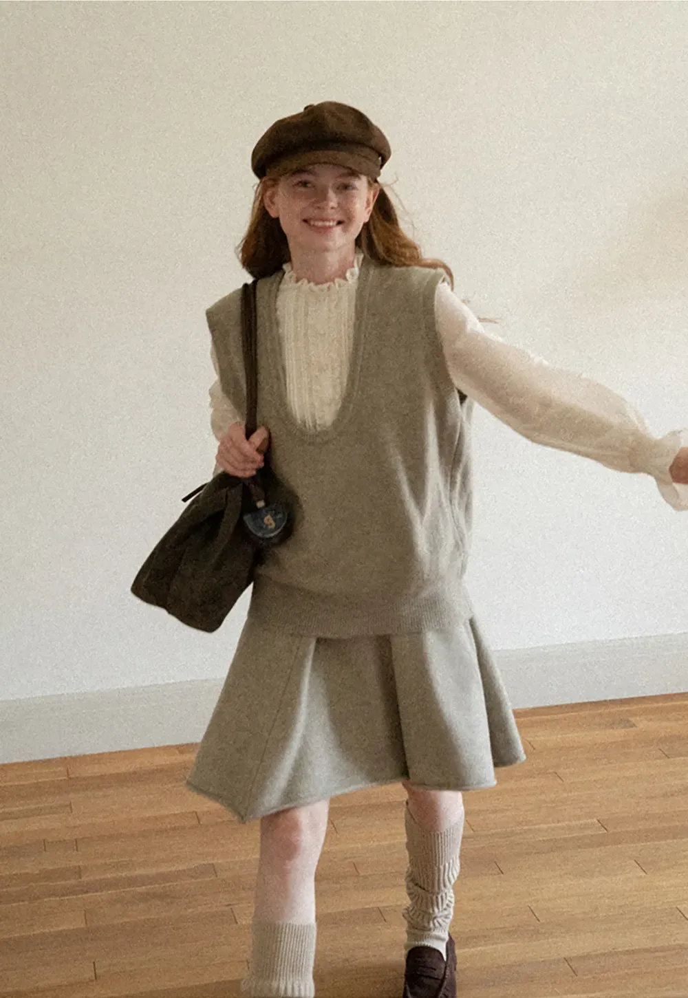 V Neck Ribbed Knit Vest and Flared Skirt Set