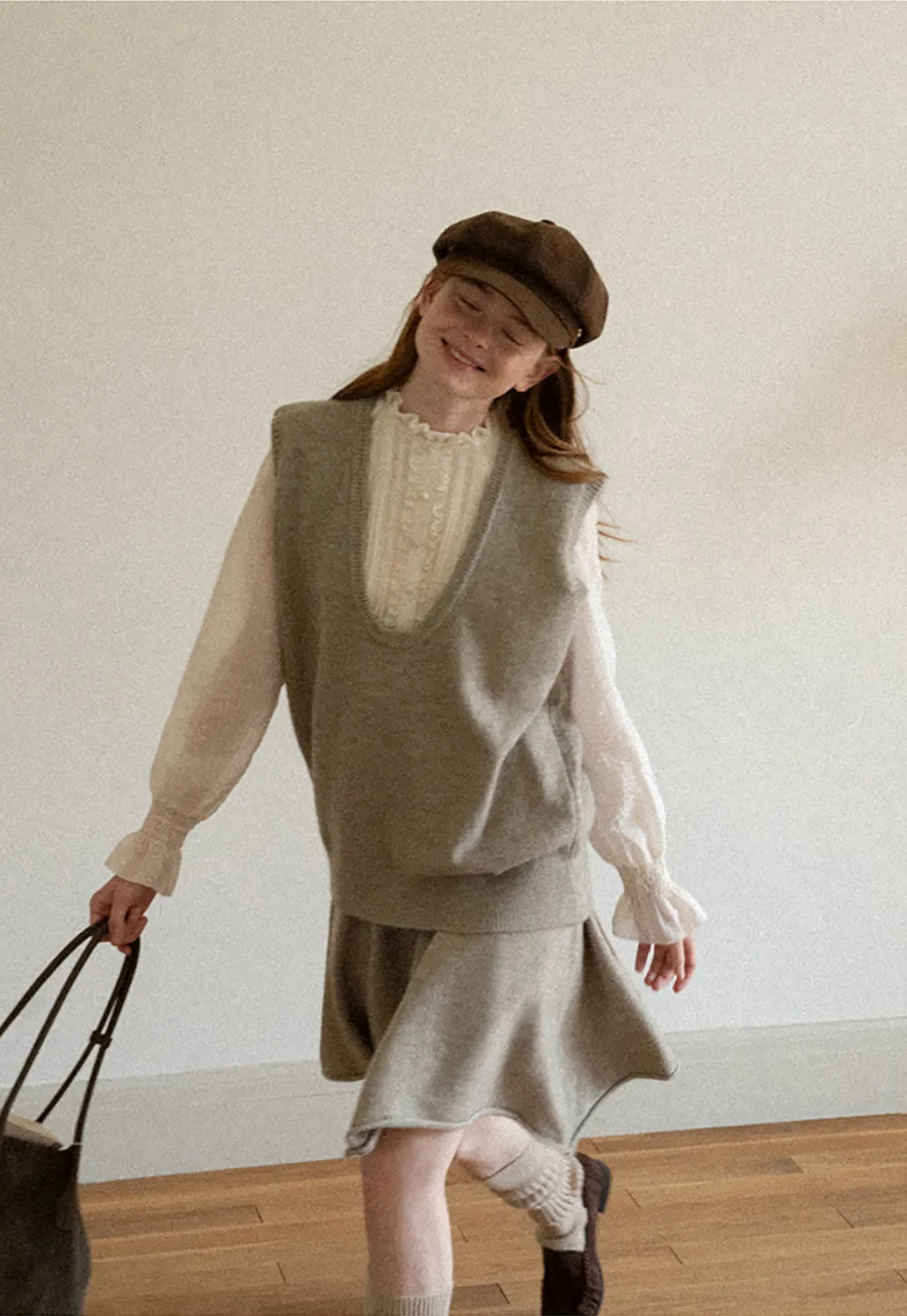 V Neck Ribbed Knit Vest and Flared Skirt Set