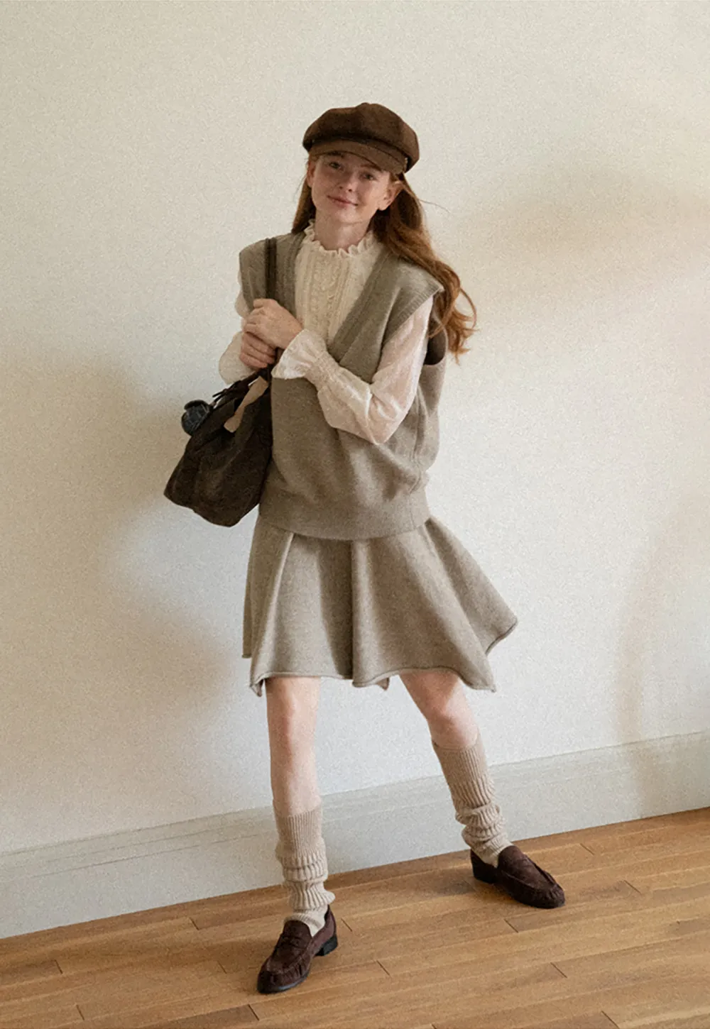 V Neck Ribbed Knit Vest and Flared Skirt Set