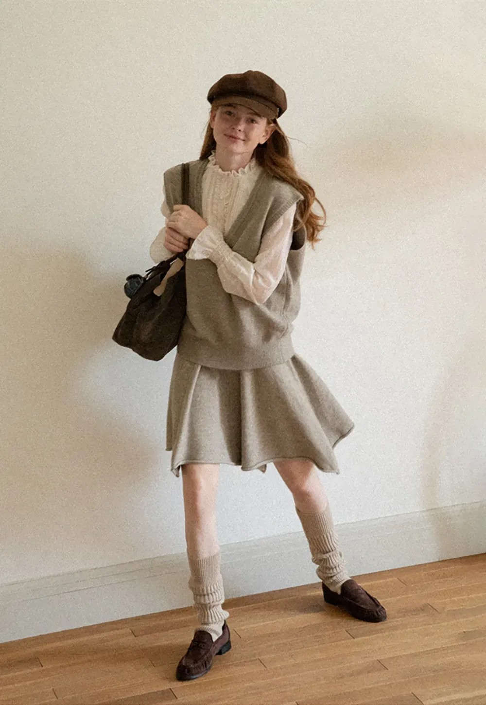 V Neck Ribbed Knit Vest and Flared Skirt Set
