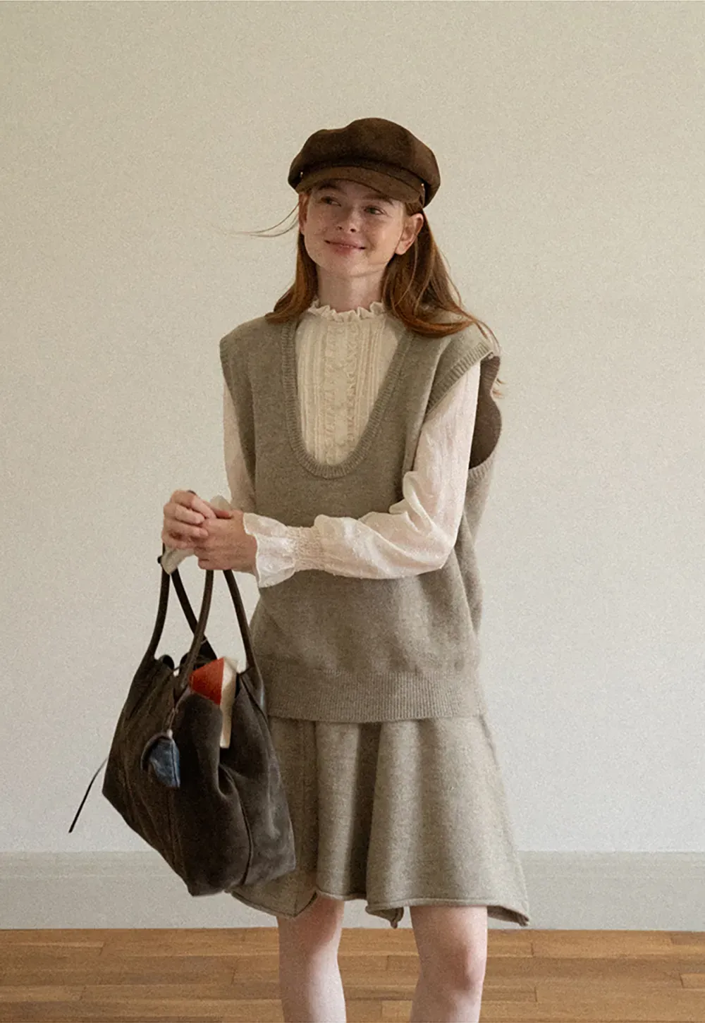 V Neck Ribbed Knit Vest and Flared Skirt Set