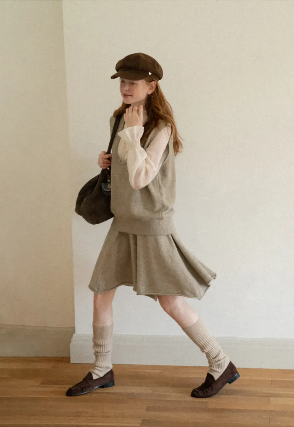 V Neck Ribbed Knit Vest and Flared Skirt Set