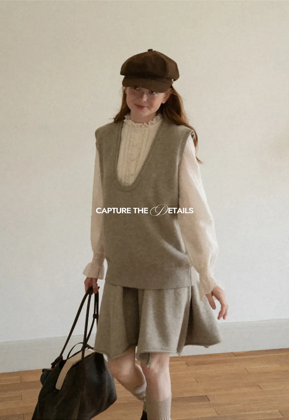 V Neck Ribbed Knit Vest and Flared Skirt Set