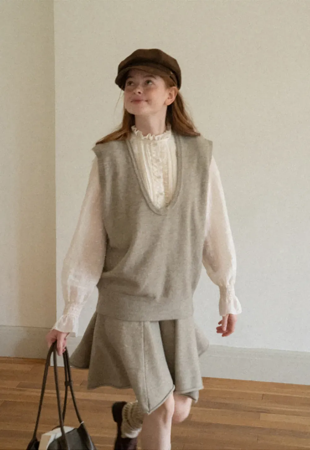 V Neck Ribbed Knit Vest and Flared Skirt Set