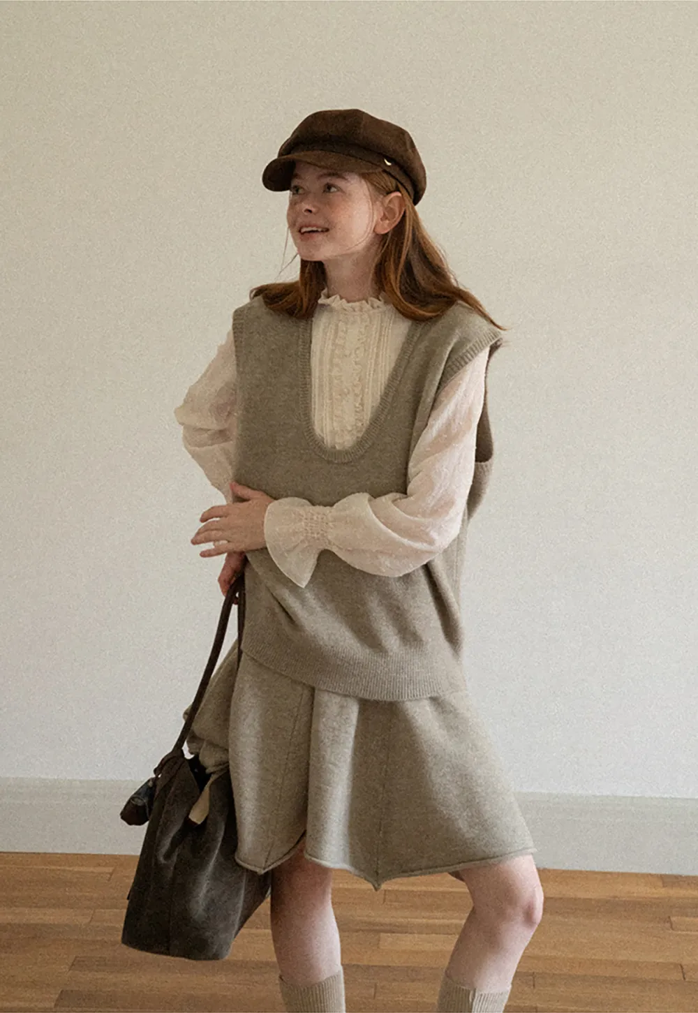 V Neck Ribbed Knit Vest and Flared Skirt Set