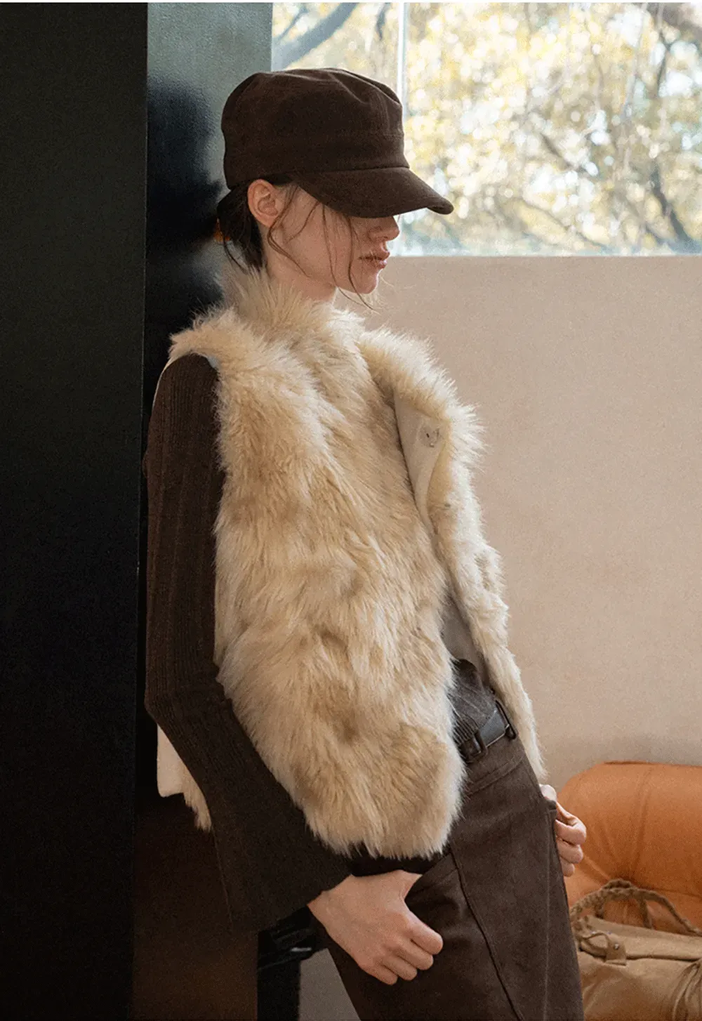 Faux Fur Trimmed Sleeveless Vest