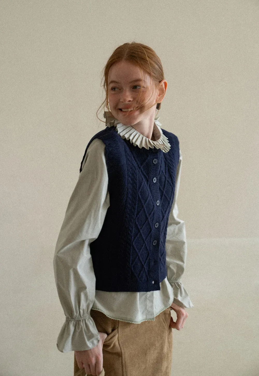 Cable Knit Vest with Pleated Collar