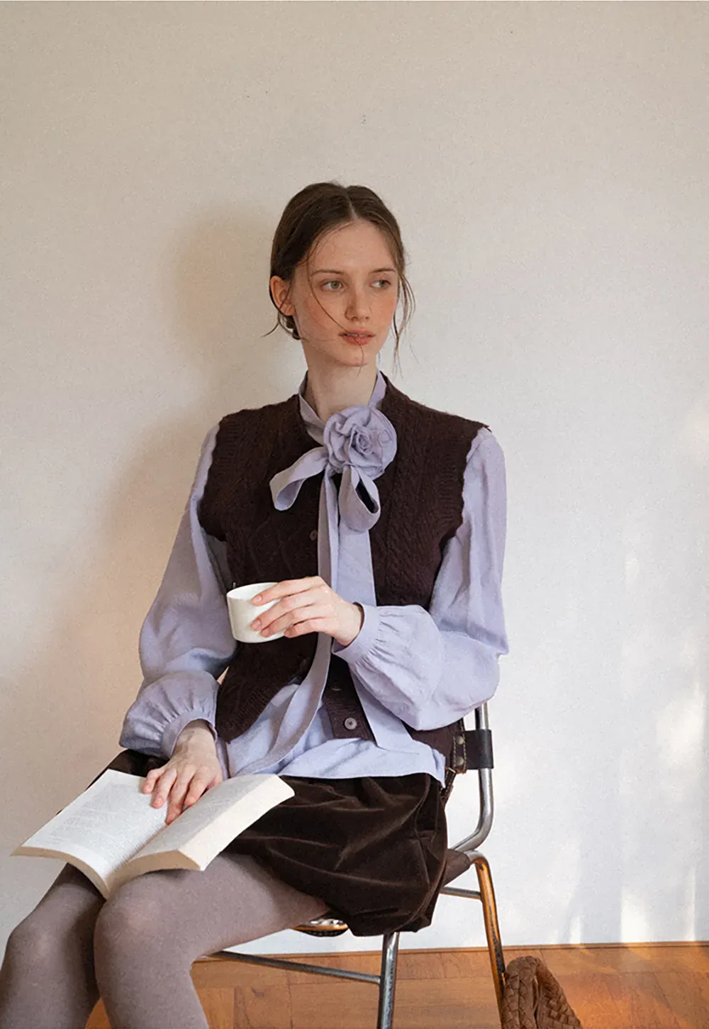 Cable Knit Vest with Pleated Collar