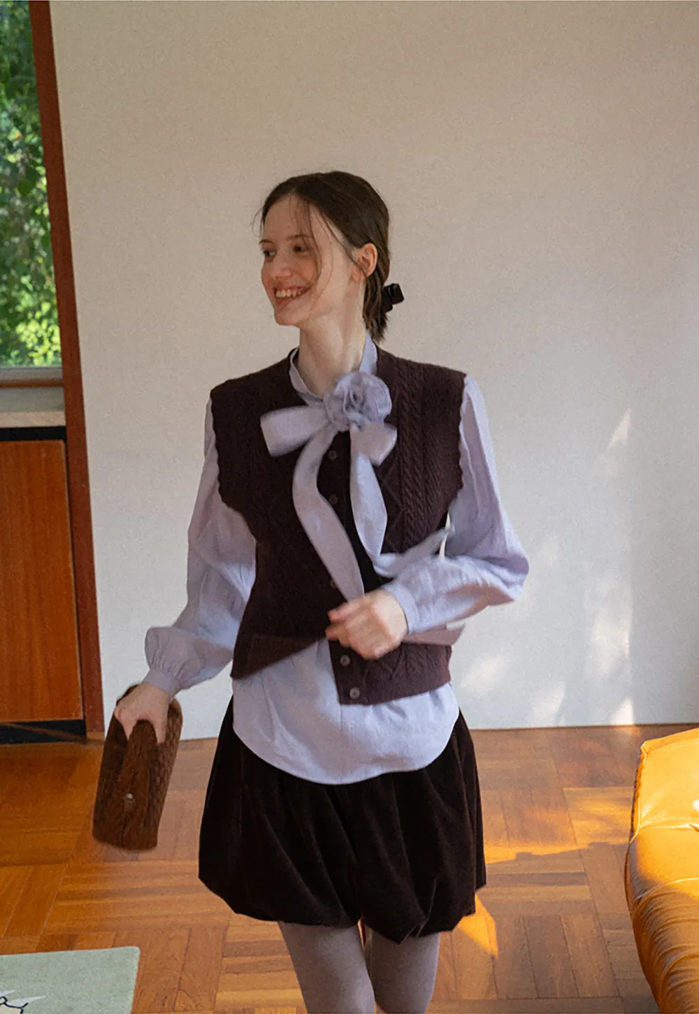 Cable Knit Vest with Pleated Collar