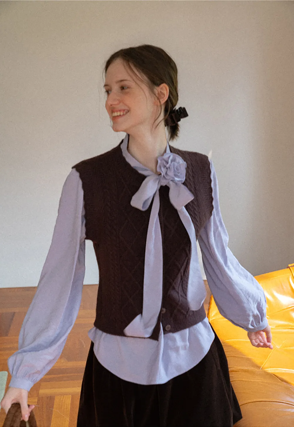 Cable Knit Vest with Pleated Collar