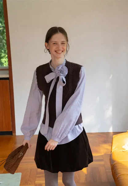 Cable Knit Vest with Pleated Collar