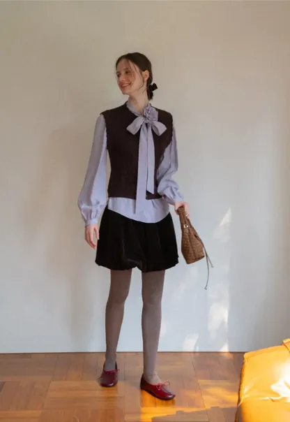 Cable Knit Vest with Pleated Collar