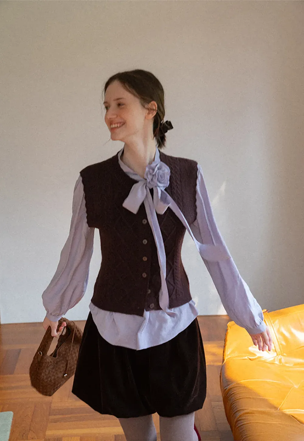 Cable Knit Vest with Pleated Collar