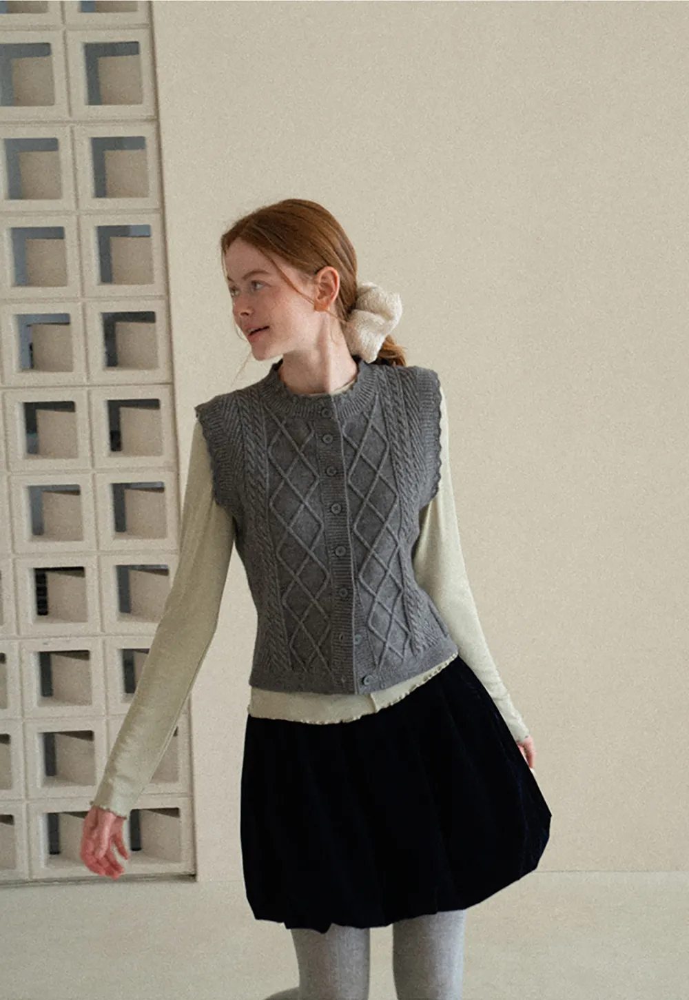 Cable Knit Vest with Pleated Collar