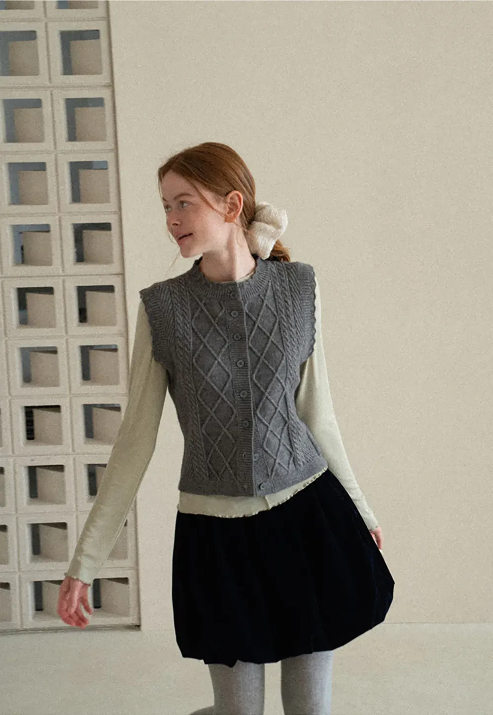 Cable Knit Vest with Pleated Collar