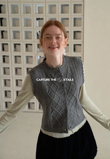 Cable Knit Vest with Pleated Collar