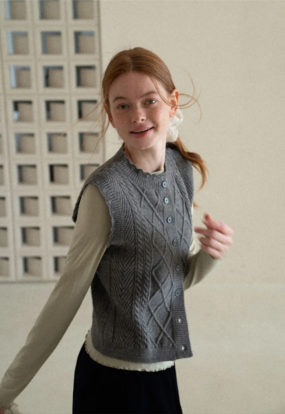 Cable Knit Vest with Pleated Collar