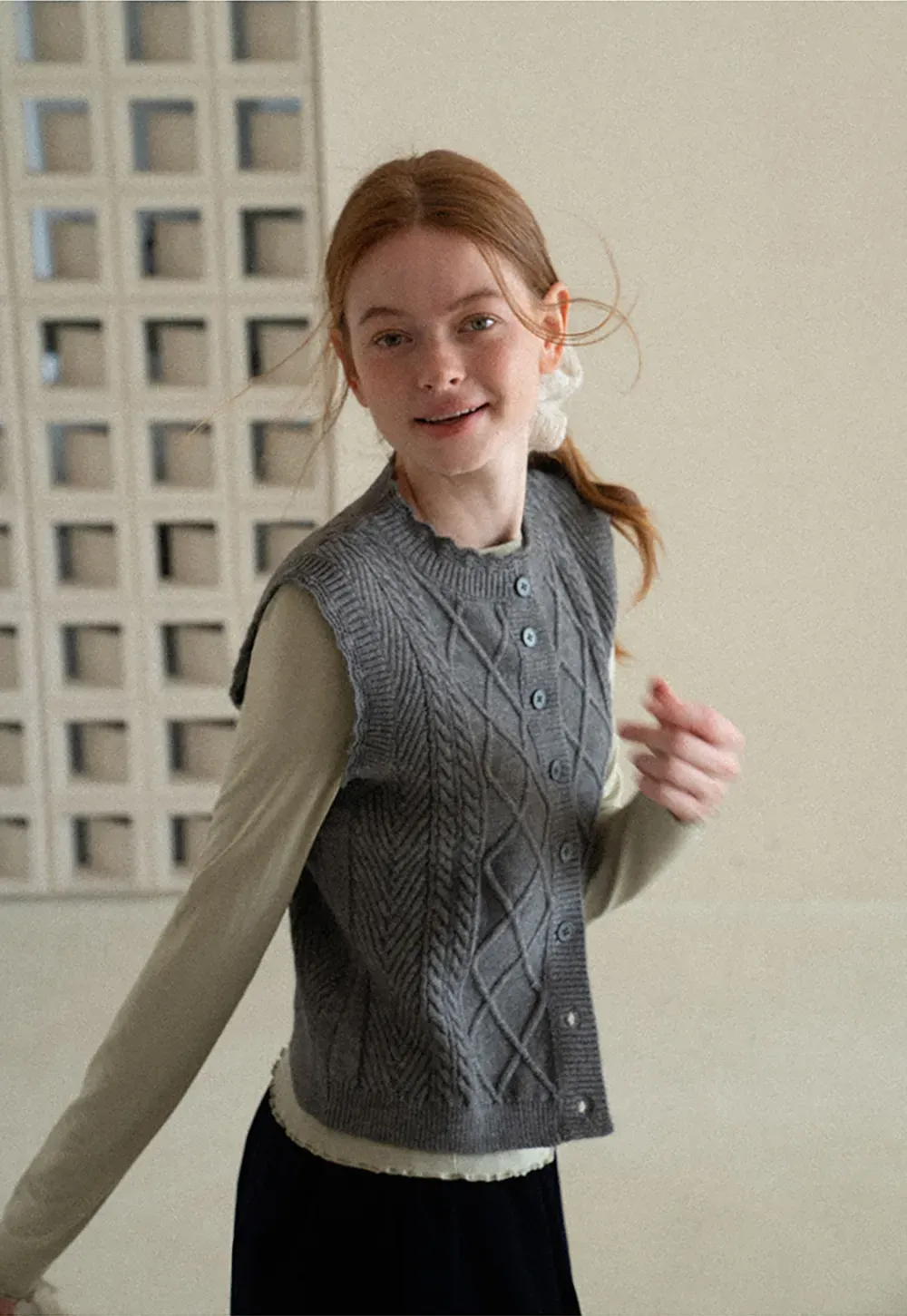 Cable Knit Vest with Pleated Collar