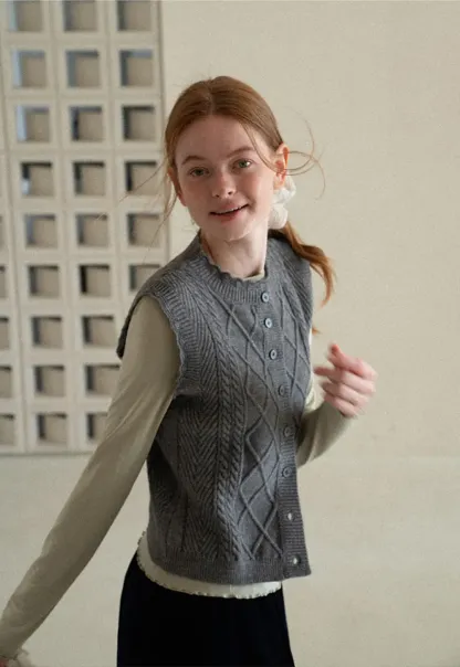 Cable Knit Vest with Pleated Collar
