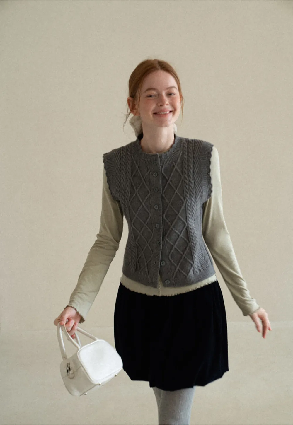 Cable Knit Vest with Pleated Collar