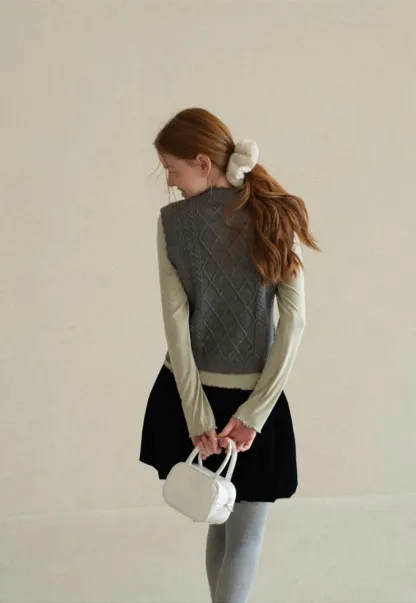 Cable Knit Vest with Pleated Collar