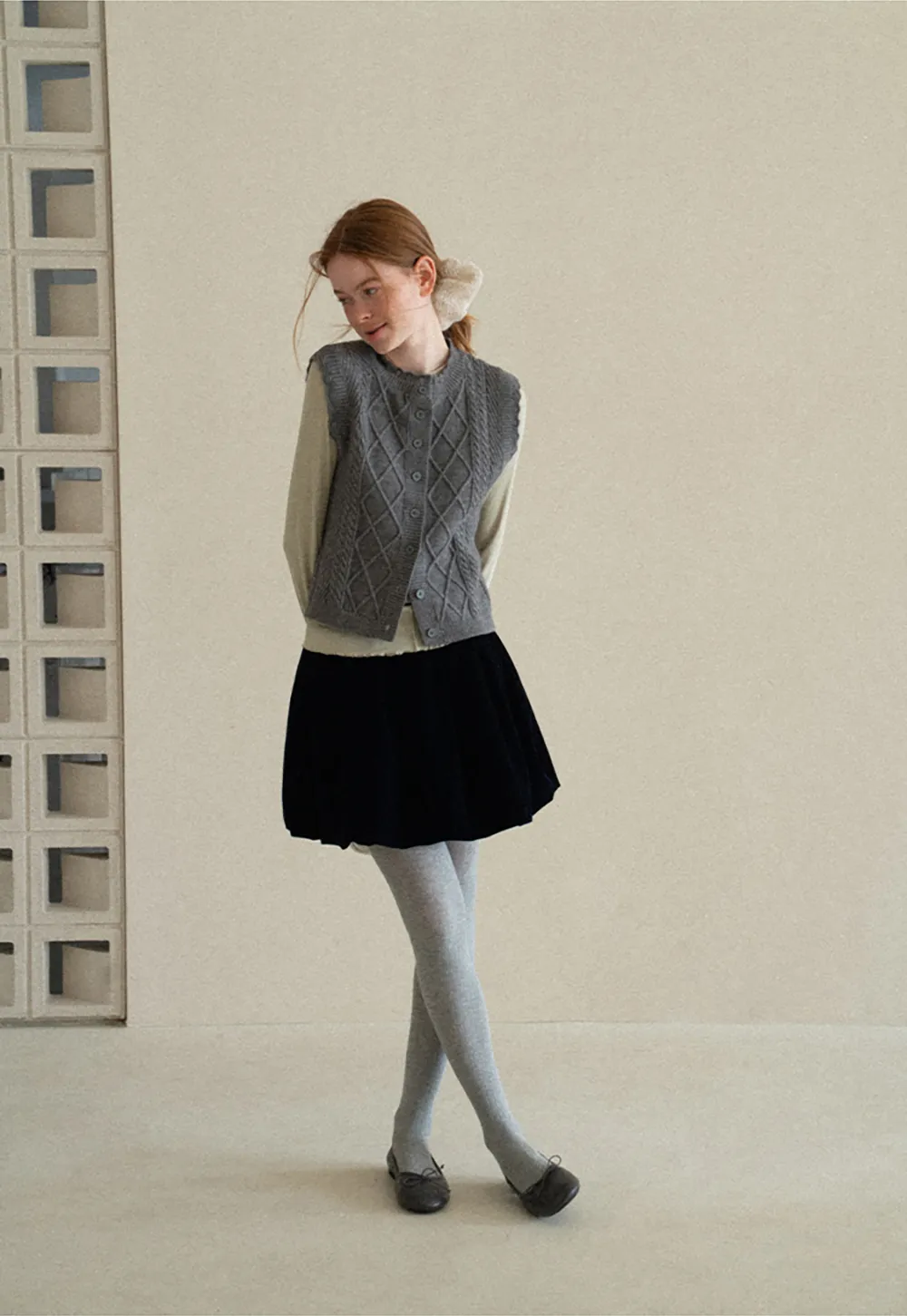 Cable Knit Vest with Pleated Collar