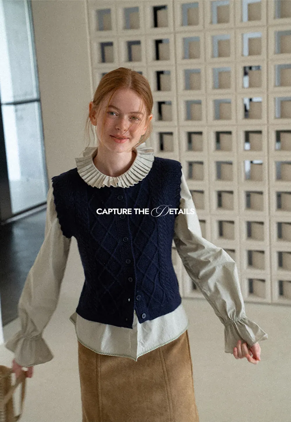 Cable Knit Vest with Pleated Collar