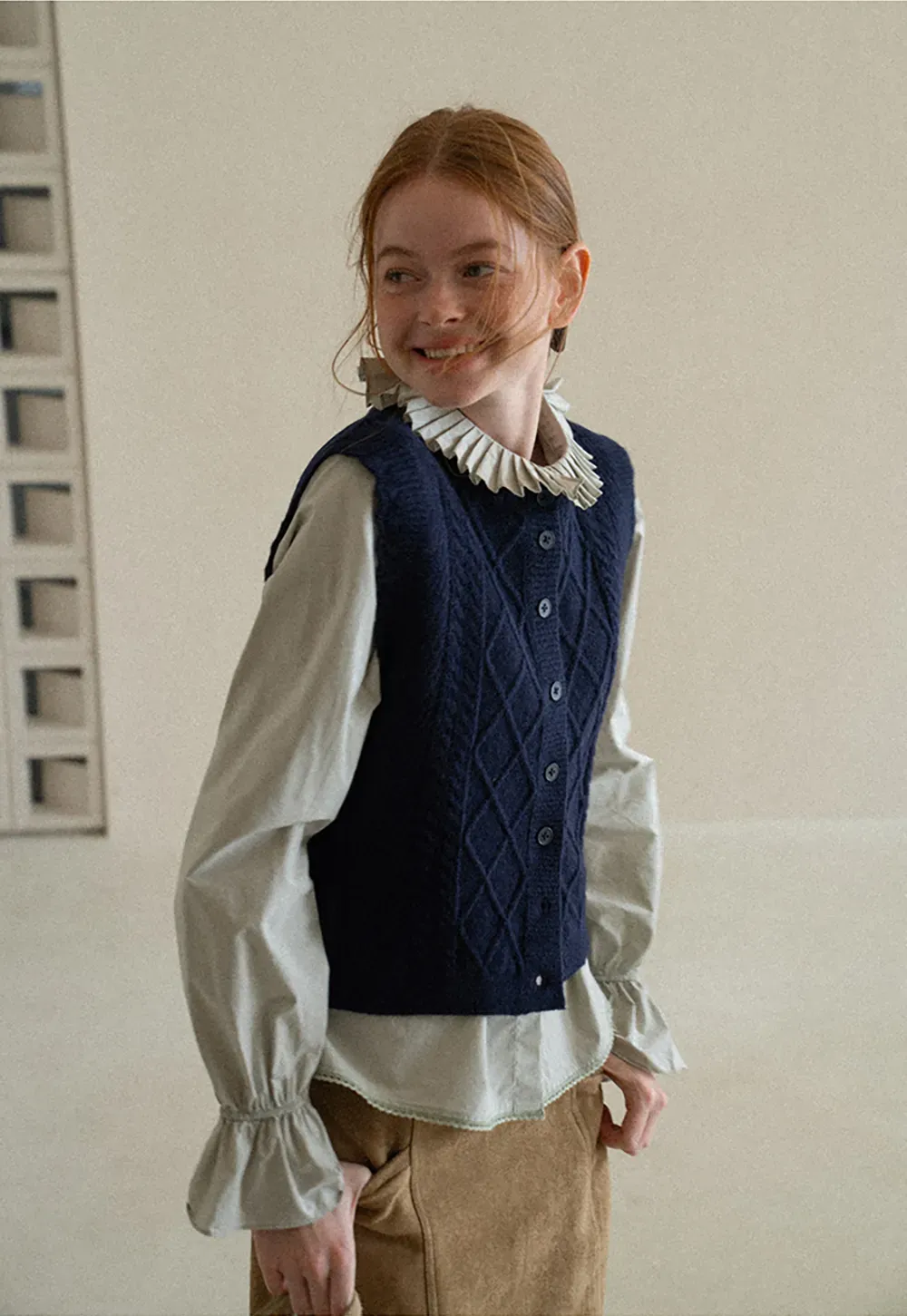 Cable Knit Vest with Pleated Collar