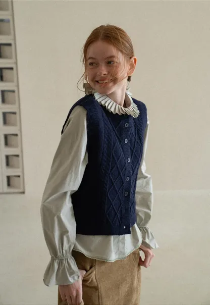 Cable Knit Vest with Pleated Collar